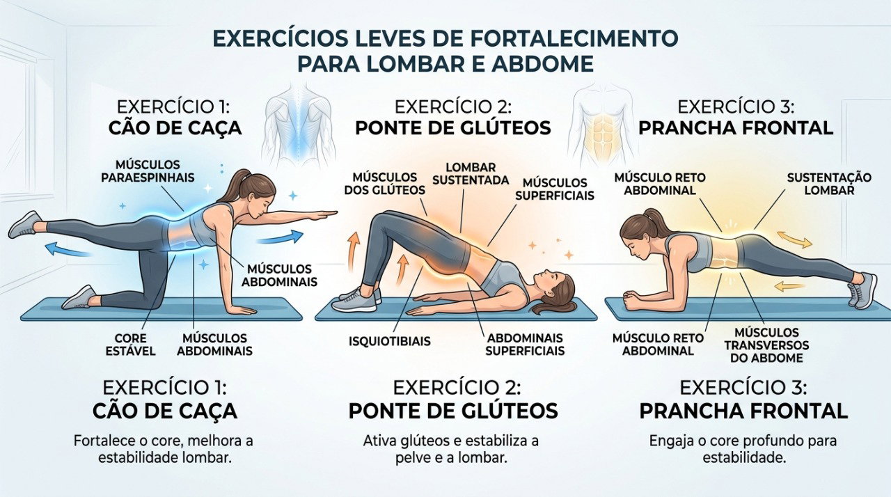 Exercícios e fortalecimento gradual costumam ter papel importante na recuperação da dor lombar.