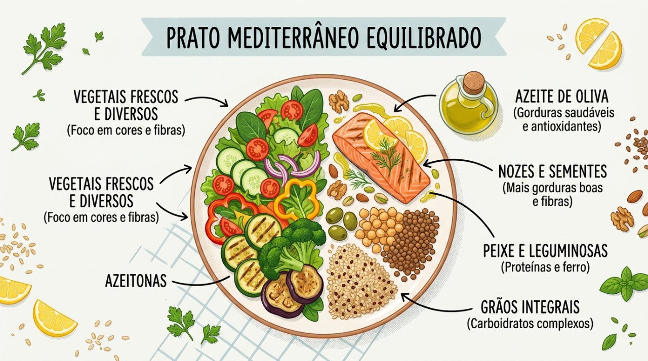 O padrão mediterrâneo prioriza fibras, gorduras insaturadas e alimentos pouco processados.