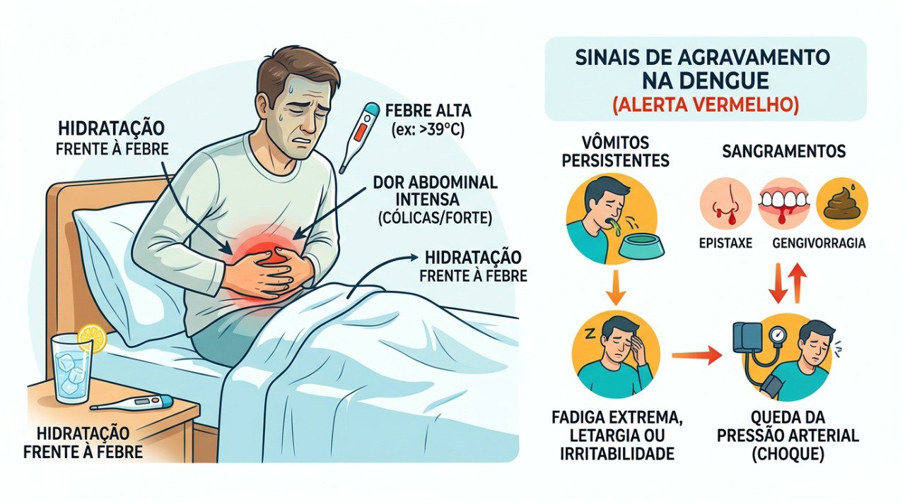 Dor abdominal intensa, vômitos persistentes e piora após a febre baixar são sinais de alerta na dengue.