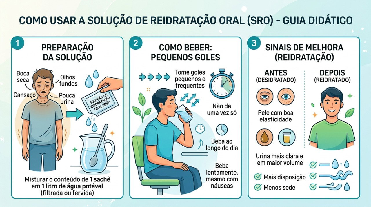 Pequenos goles frequentes e solução de reidratação oral ajudam a repor líquidos e eletrólitos perdidos.