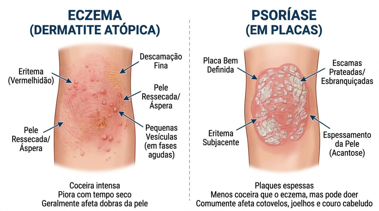 Eczema e psoríase podem causar descamação, mas costumam apresentar padrões diferentes de coceira e placas.