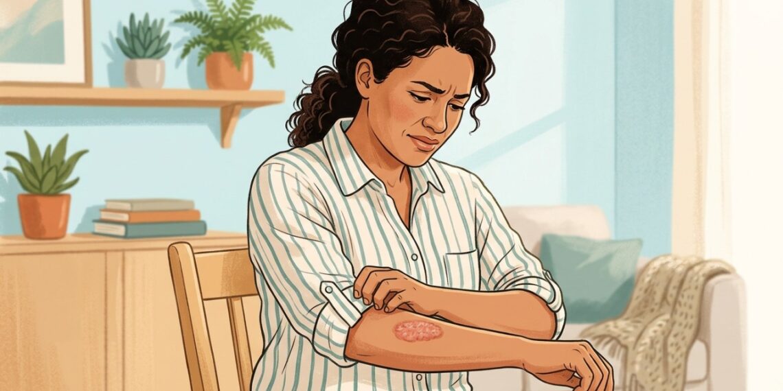 Placas que coçam e descamam podem ocorrer tanto no eczema quanto na psoríase.