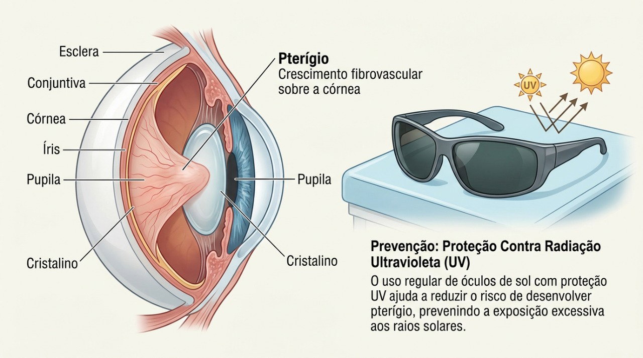 O pterígio pode crescer sobre a córnea e a proteção contra radiação ultravioleta ajuda a reduzir a exposição solar.