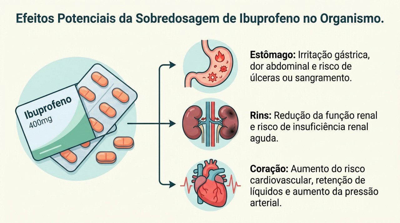 Doses mais altas de ibuprofeno podem aumentar a exposição a efeitos adversos no estômago, rins e coração.