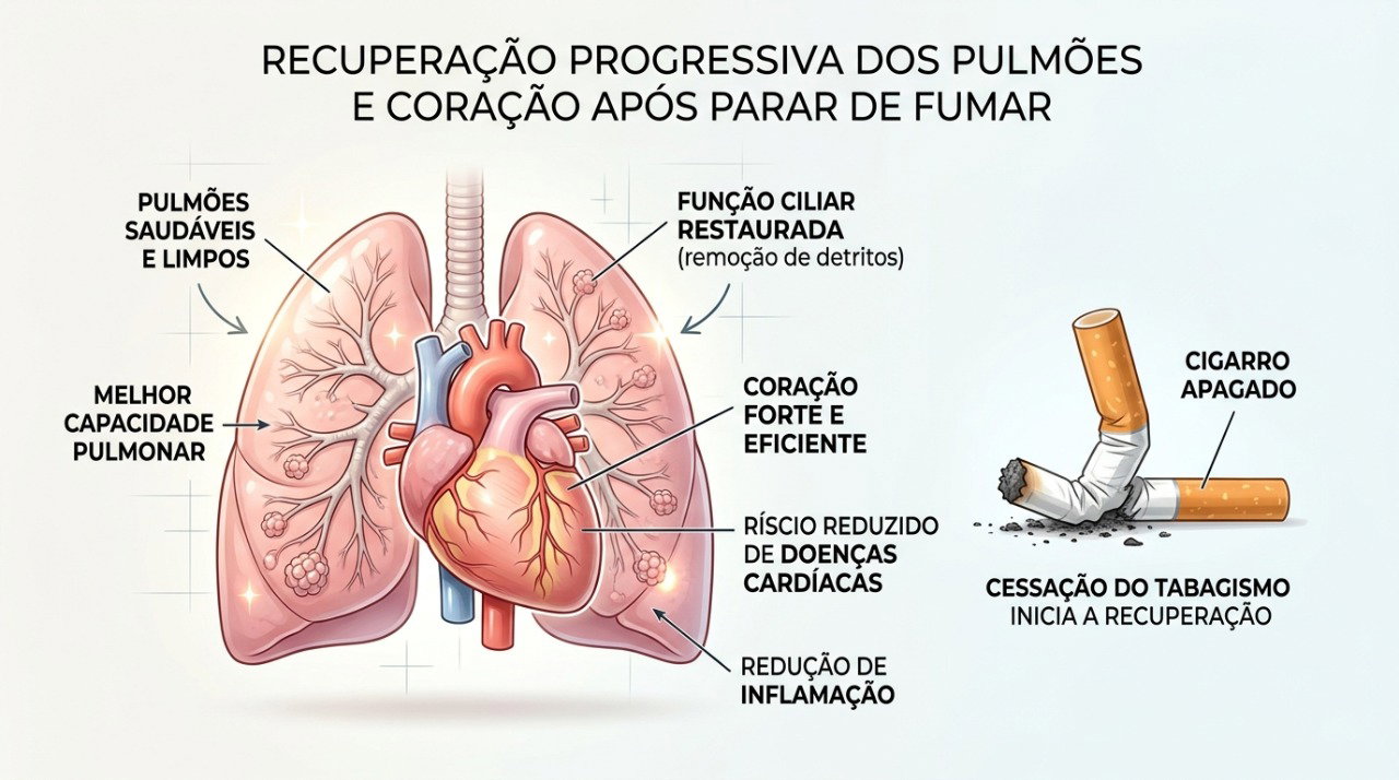 Depois do último cigarro, coração e pulmões começam a se beneficiar progressivamente da redução da exposição ao tabaco.