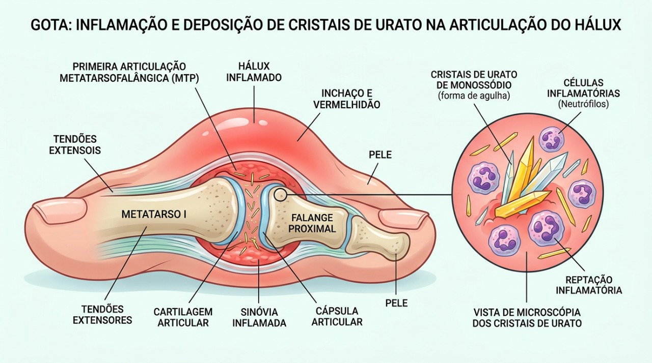 Na gota, cristais de urato podem se acumular na articulação e provocar dor, calor e inchaço.