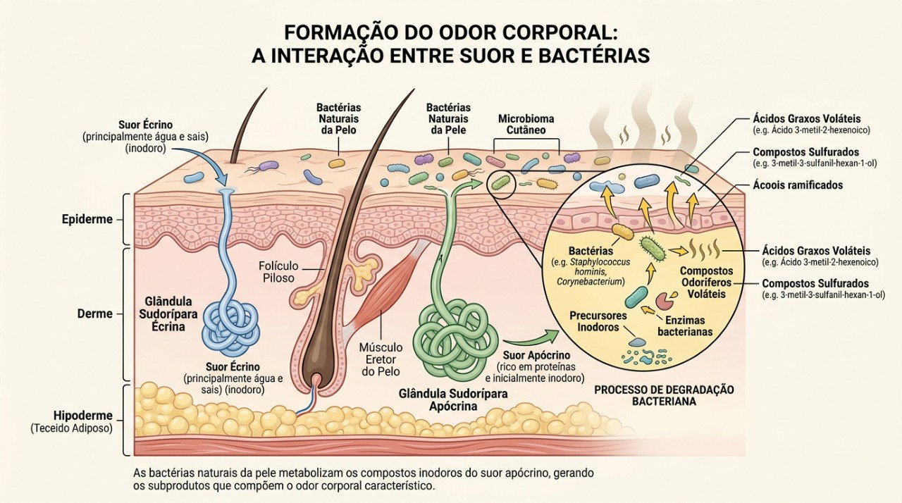 Suor, substâncias da pele e bactérias contribuem para a formação do cheiro corporal.