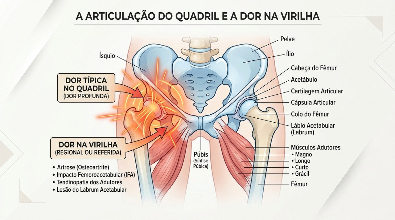 Alterações no quadril podem provocar dor percebida na virilha e limitar os movimentos.