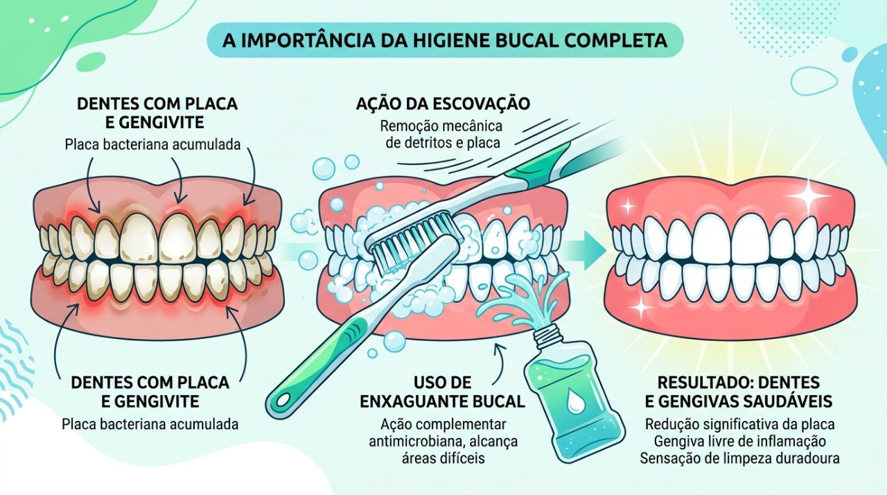 Escovação e limpeza entre os dentes são essenciais, enquanto o enxaguante atua como complemento.