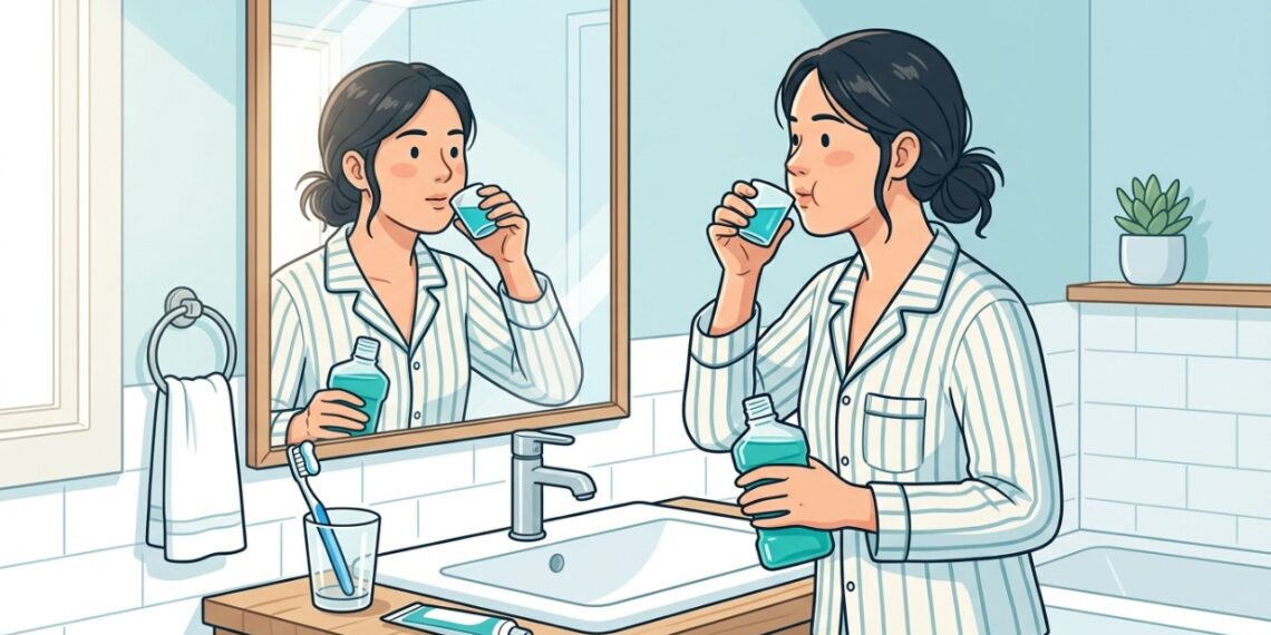 O enxaguante bucal pode complementar a higiene, mas não substitui a escovação dos dentes.