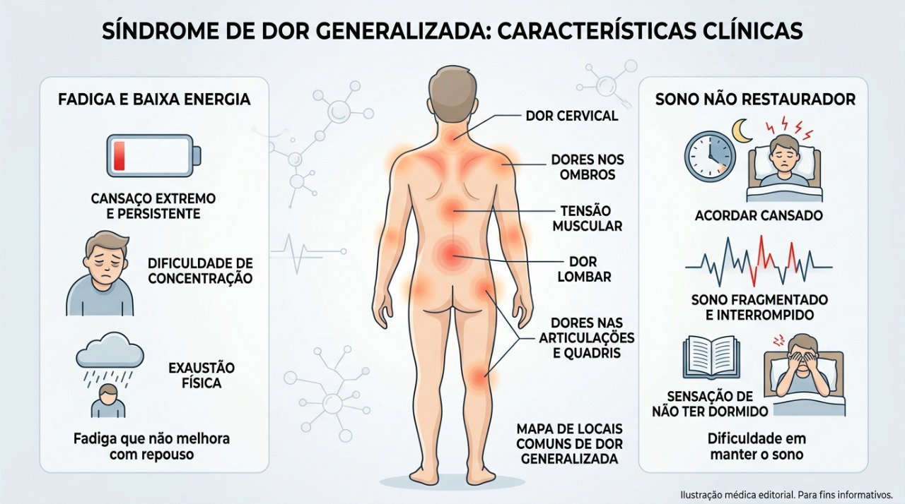 A fibromialgia pode envolver dor generalizada, fadiga e alterações persistentes do sono.