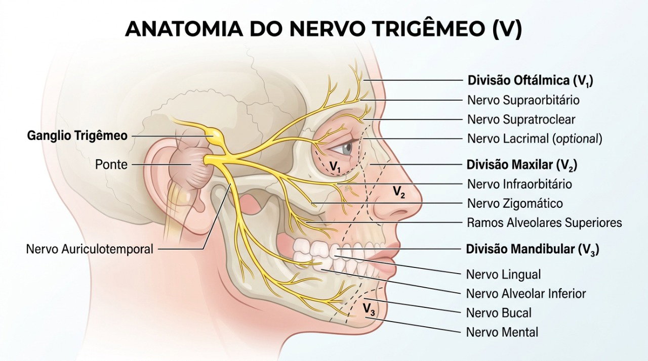 O nervo trigêmeo transmite grande parte das sensações do rosto, dentes e boca.
