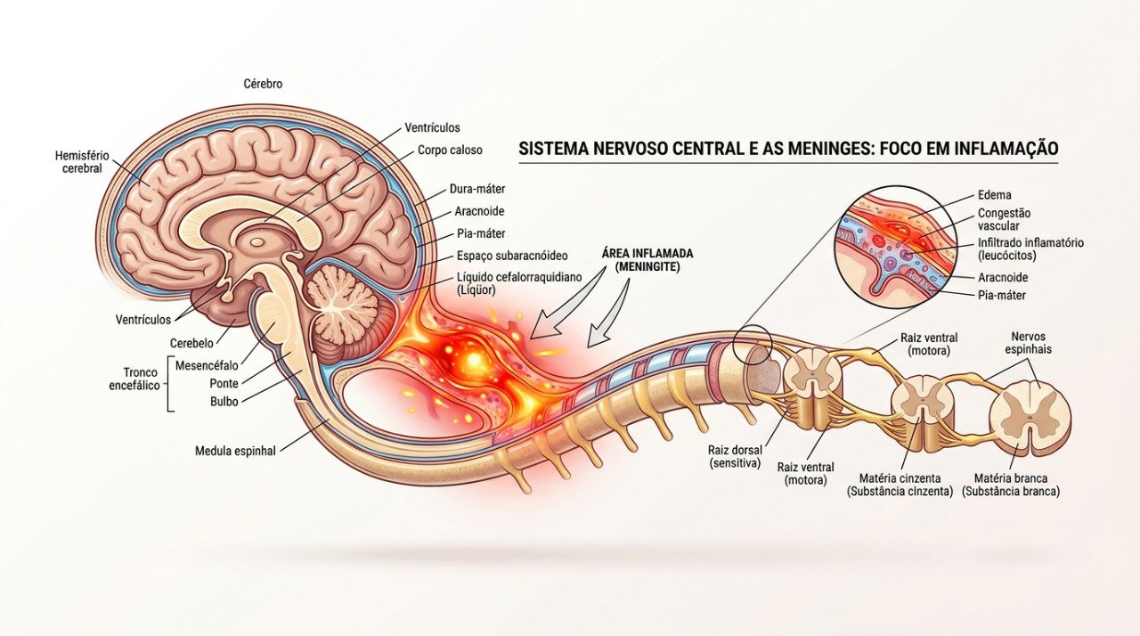 A inflamação das meninges pode provocar febre, dor de cabeça e rigidez na nuca.