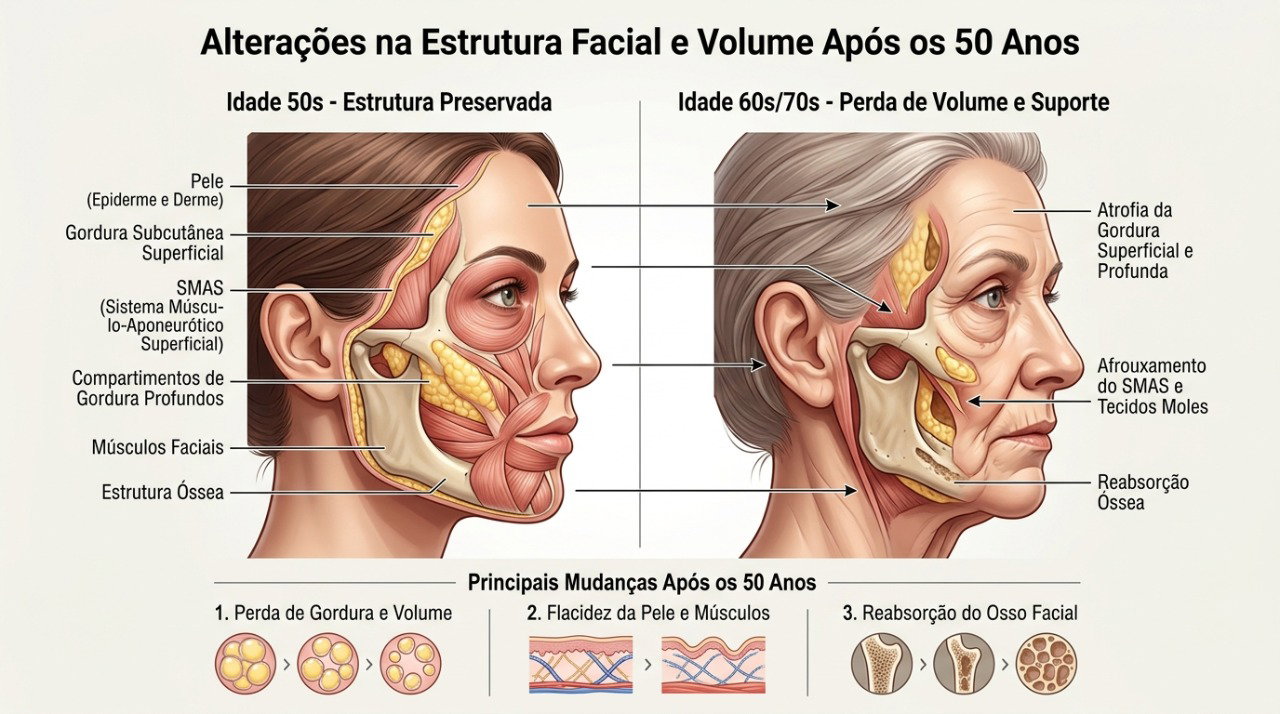 O envelhecimento facial envolve mudanças na pele, gordura e estruturas que sustentam o rosto.