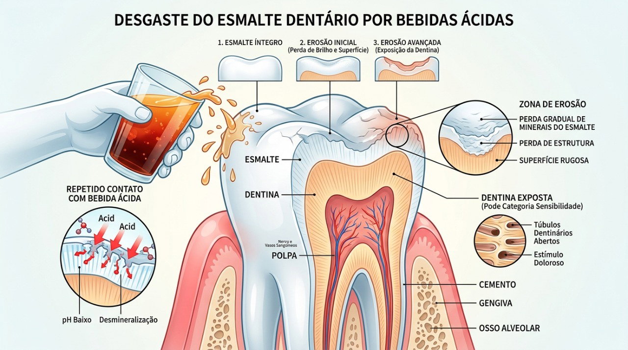 A exposição frequente a bebidas ácidas pode favorecer a erosão e a perda de minerais do esmalte.