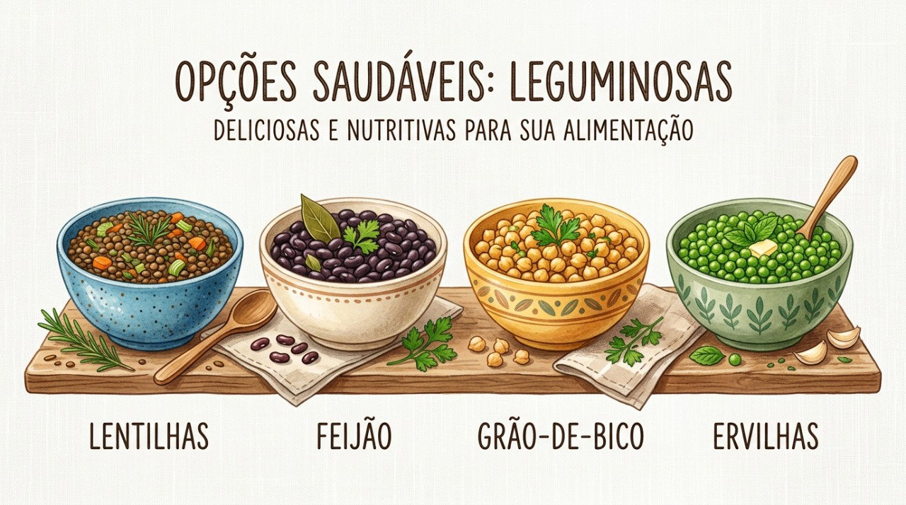 Lentilha, feijão, grão-de-bico e ervilha são fontes de proteína vegetal, fibras e minerais.