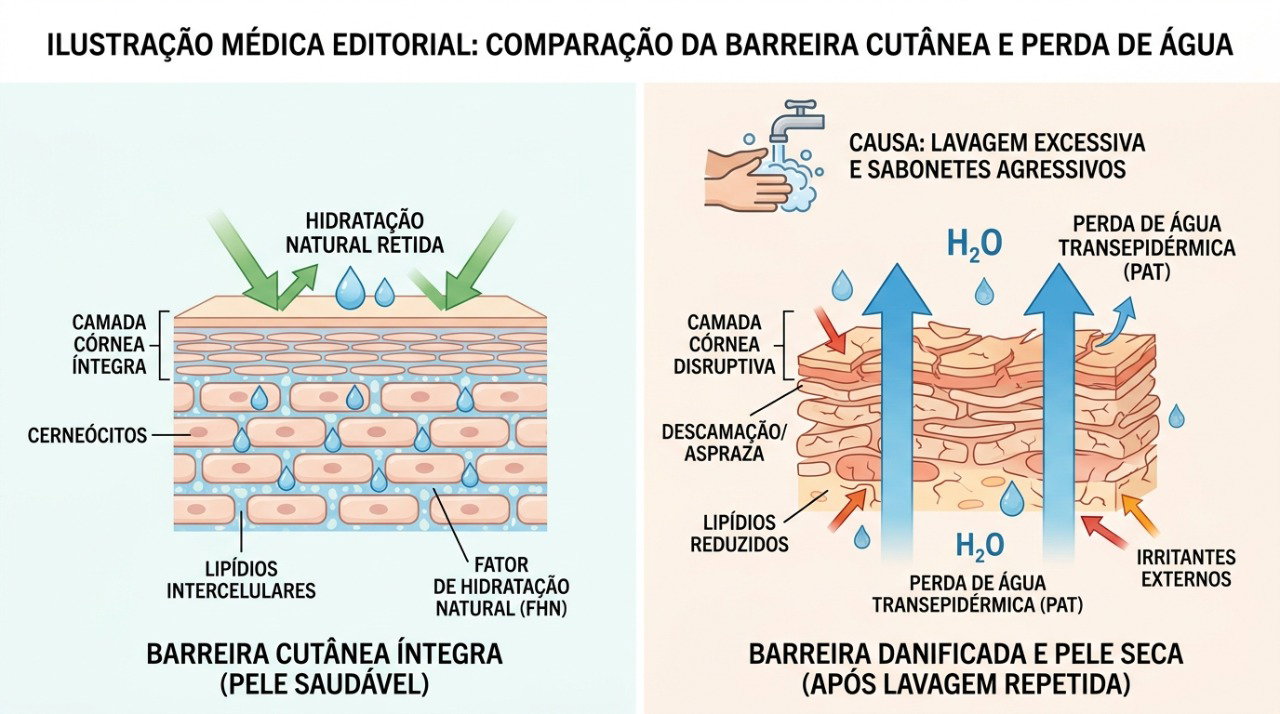 O excesso de sabonete pode favorecer a perda de água e o ressecamento da pele.