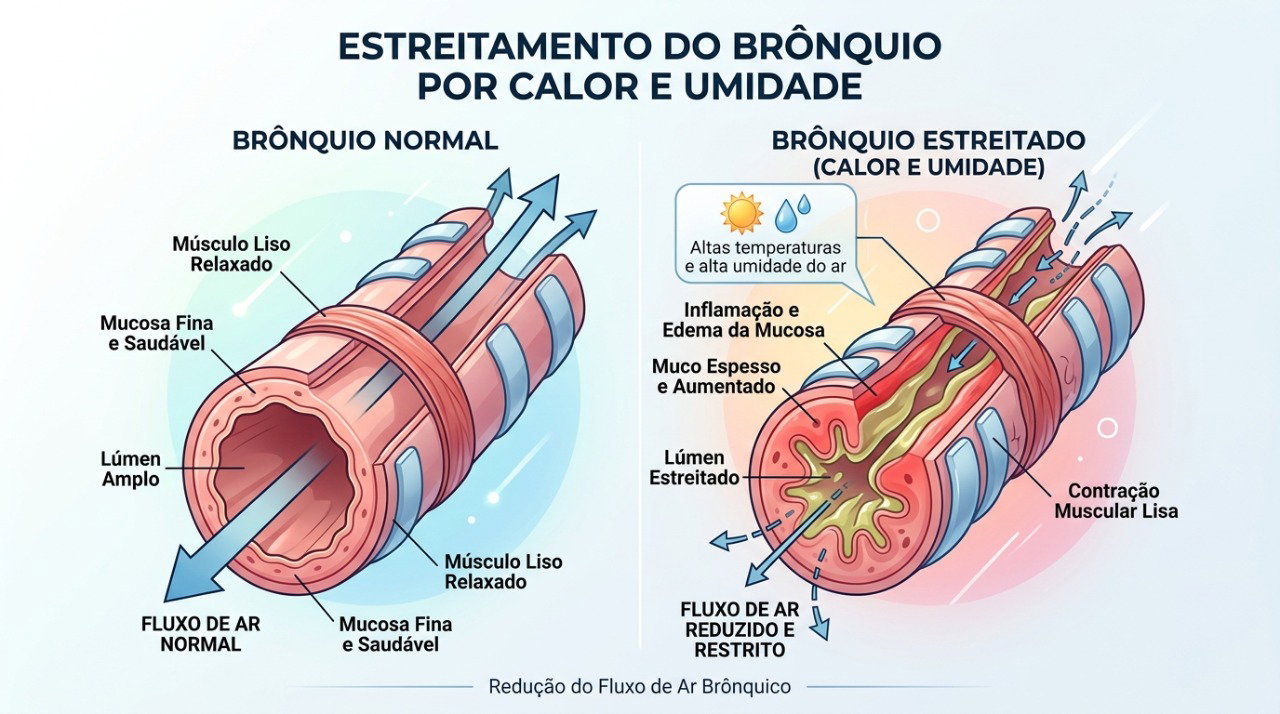 O ar quente e úmido pode favorecer o estreitamento das vias respiratórias em pessoas com asma.