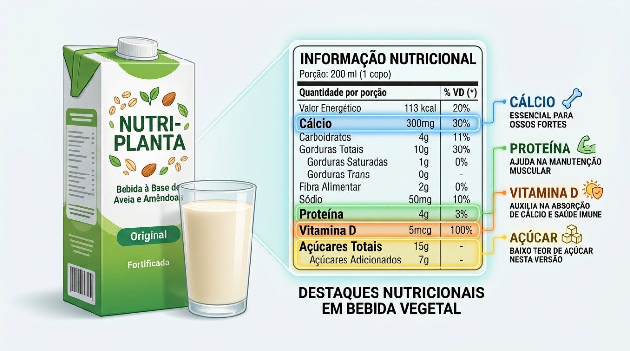 O rótulo ajuda a comparar cálcio, proteína, vitamina D e açúcar nas bebidas vegetais.