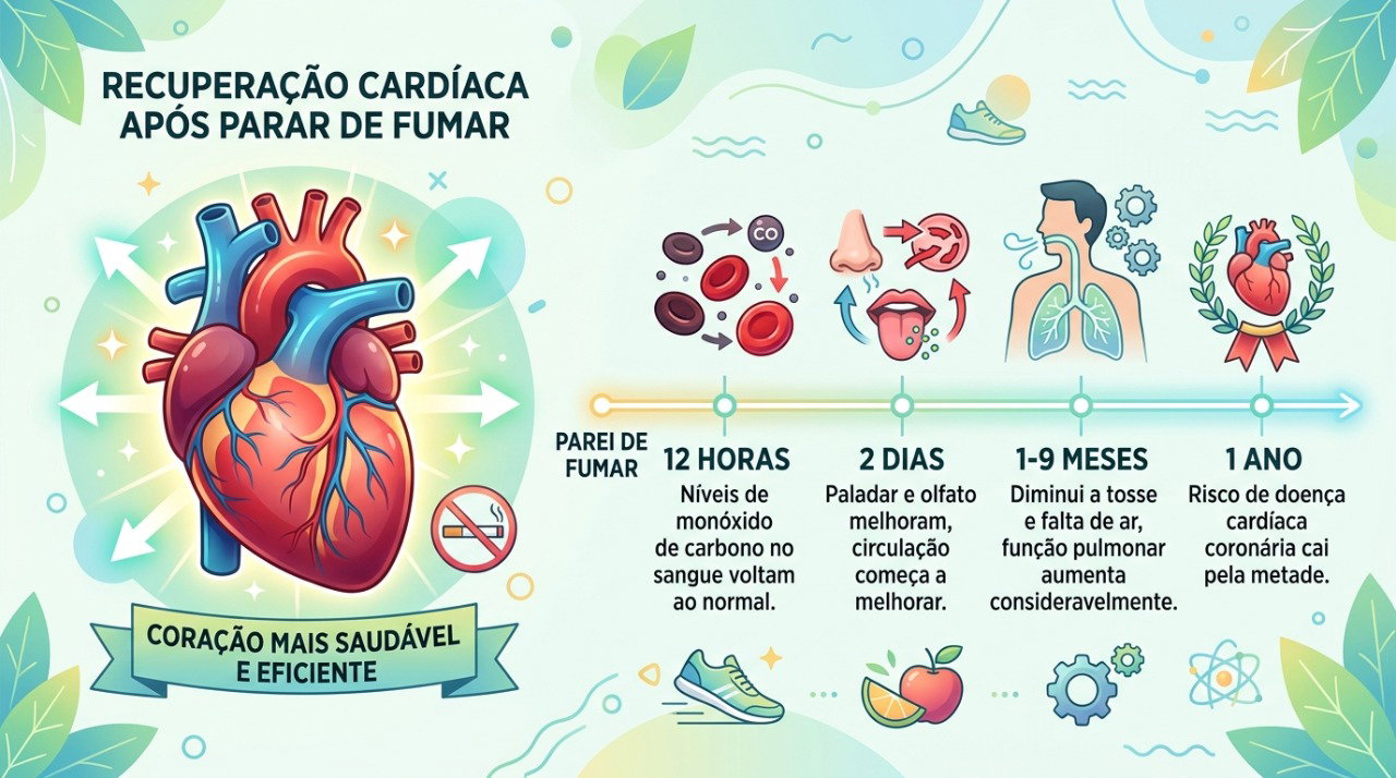 Os benefícios cardiovasculares começam nas primeiras horas e continuam aumentando com o tempo sem cigarro.