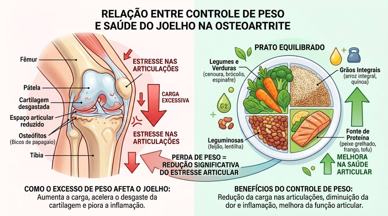 Dieta equilibrada e controle do peso podem contribuir para reduzir a sobrecarga nas articulações.