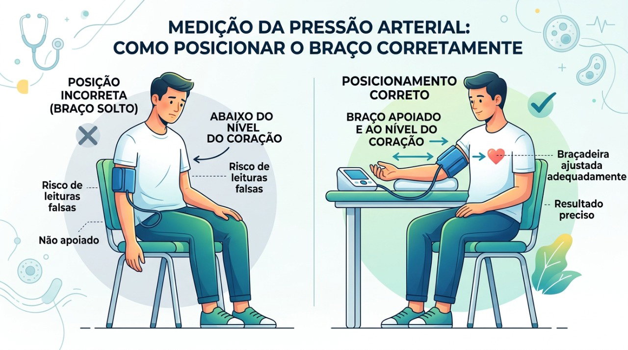 A posição do braço pode alterar os valores obtidos durante a aferição da pressão.