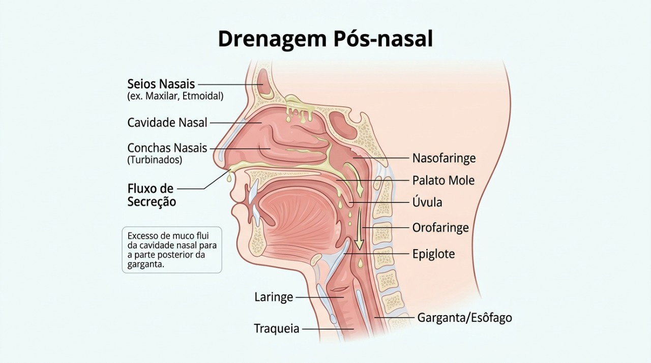 O gotejamento pós-nasal é uma das causas possíveis de muco persistente na garganta.