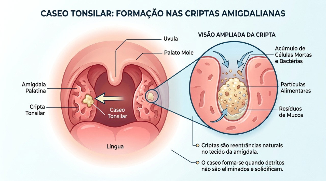 Cáseos amigdalianos se formam pelo acúmulo de resíduos nas pequenas cavidades das amígdalas.