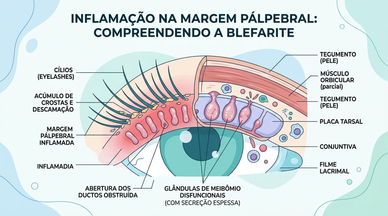 A blefarite pode causar inflamação na borda das pálpebras e acúmulo de crostas nos cílios.