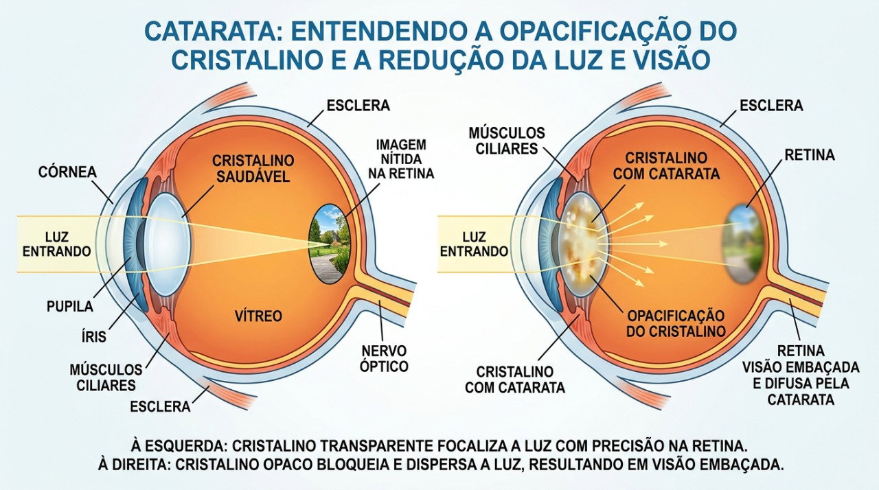 Na catarata, o cristalino perde transparência e pode deixar a visão embaçada e com menos contraste.