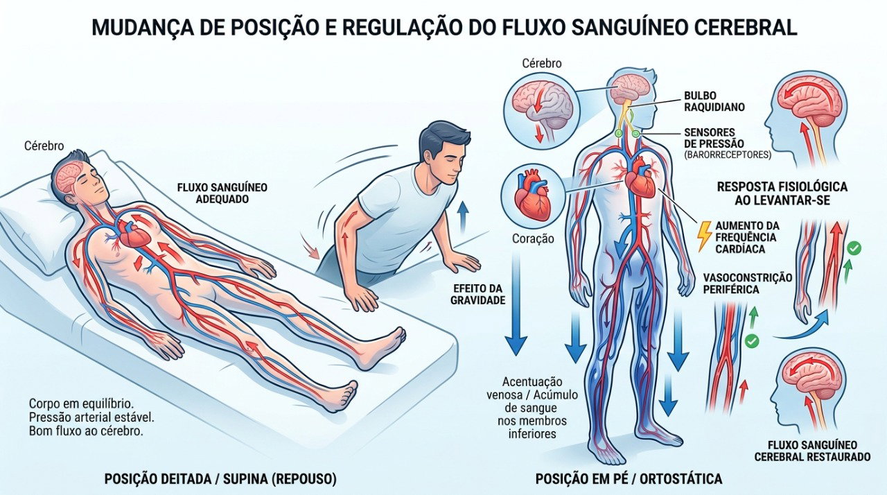 Na hipotensão ortostática, a pressão pode cair durante a mudança da posição deitada para em pé.