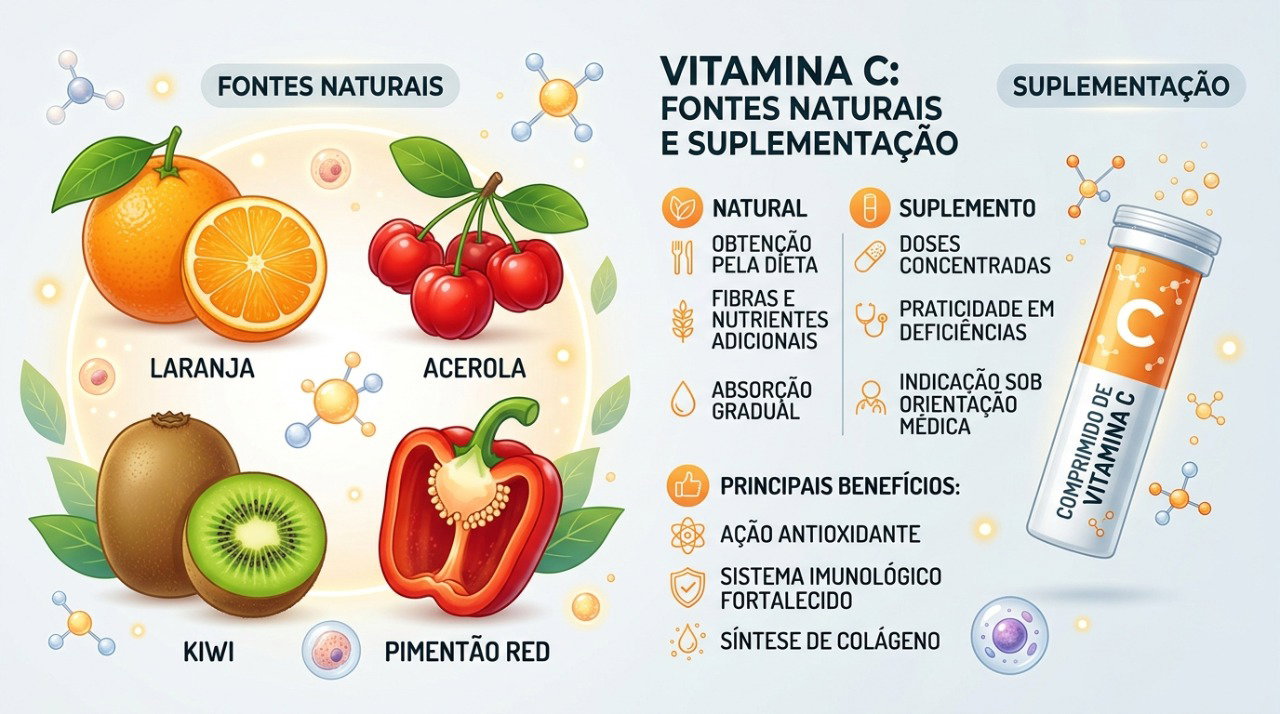 Frutas e vegetais variados podem fornecer vitamina C sem depender de suplementos em doses elevadas.