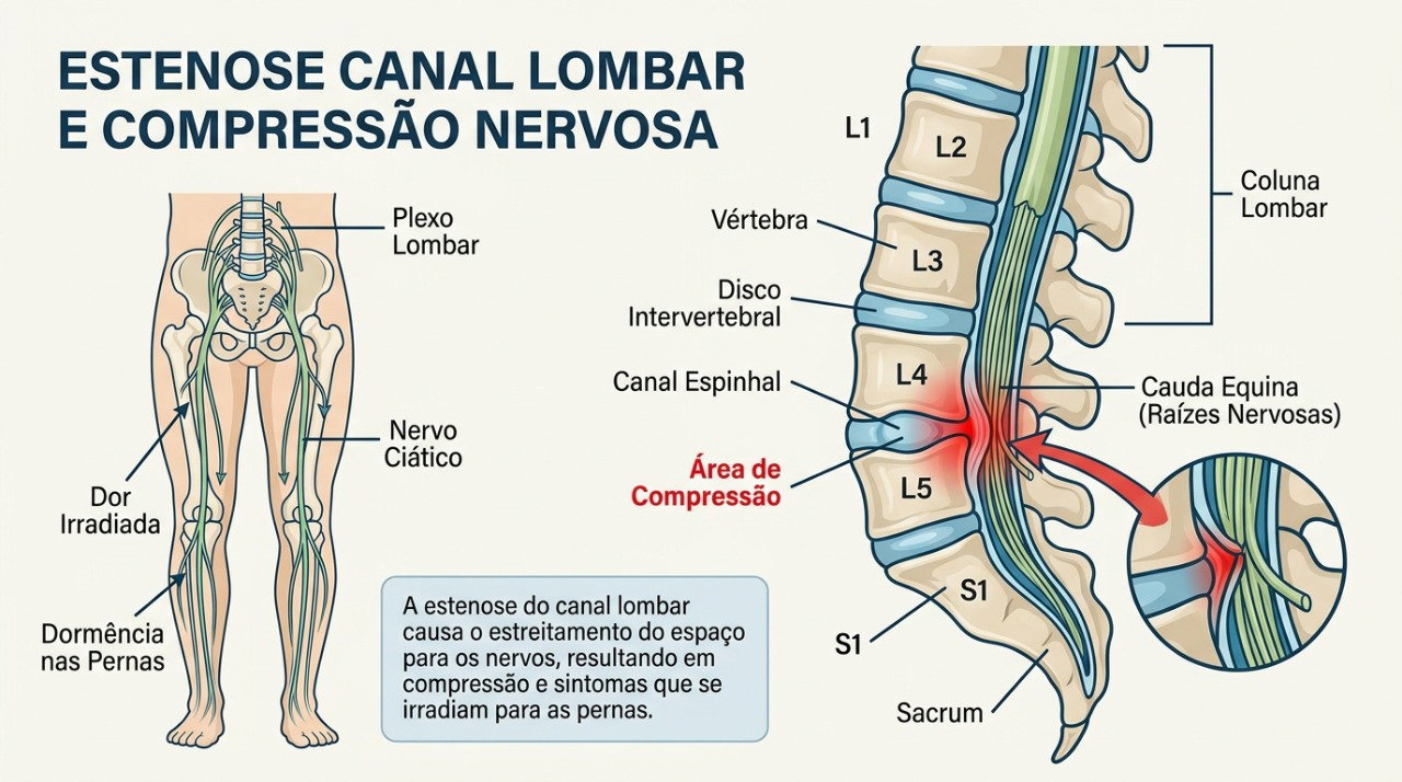 Na estenose lombar, o estreitamento do canal pode comprimir nervos e causar dor, peso ou formigamento nas pernas.