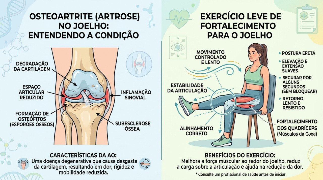 Exercícios de fortalecimento e baixo impacto podem fazer parte do cuidado com a artrose do joelho.