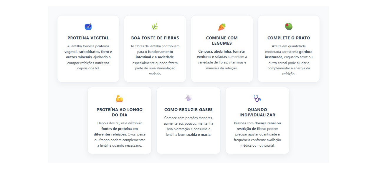 Lentilha depois dos 60: proteína, fibras e combinações para uma refeição completa