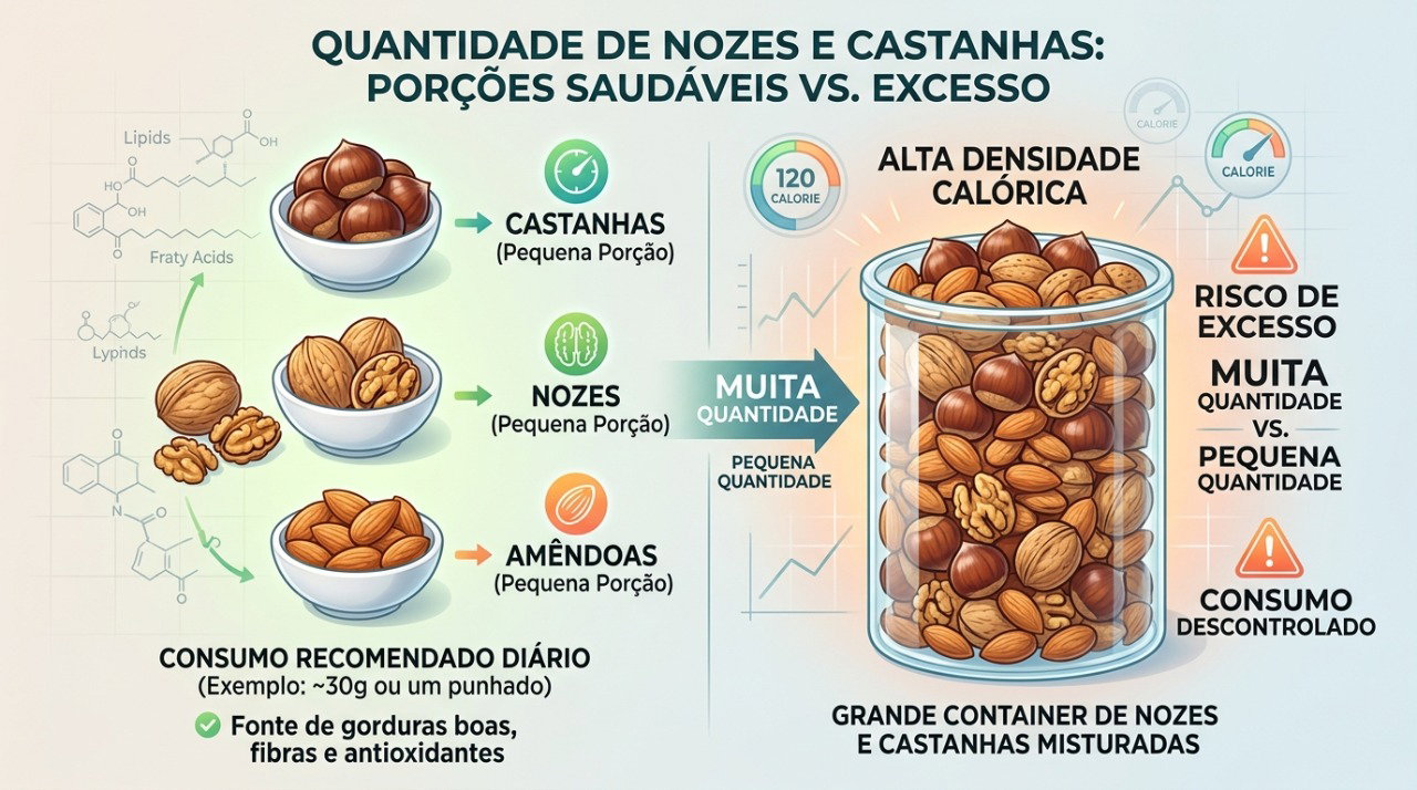 Separar uma pequena porção de castanhas ajuda a controlar calorias e evitar consumo excessivo.
