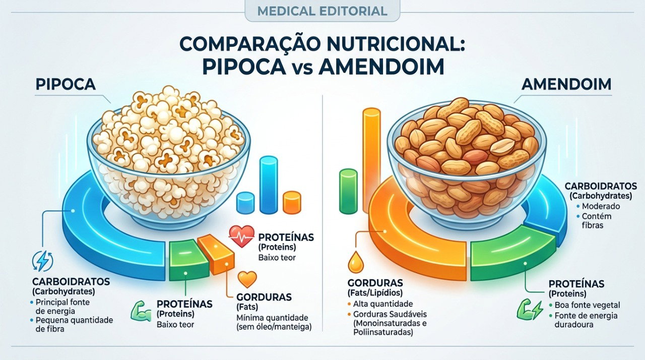 A pipoca concentra mais carboidratos, enquanto o amendoim fornece mais proteínas e gorduras.