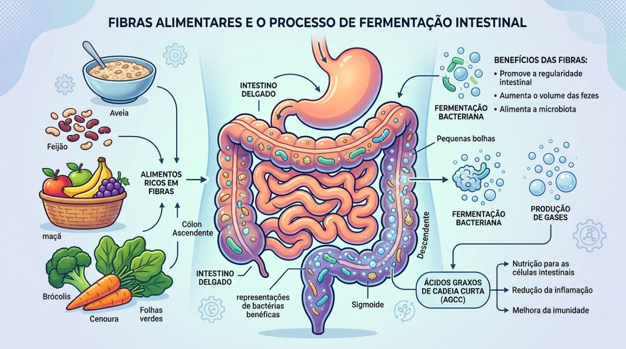 Fibras fermentáveis podem aumentar a produção de gases, especialmente quando o consumo cresce de forma rápida.