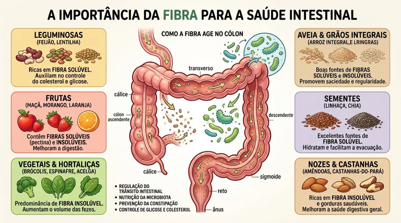 Diferentes alimentos fornecem fibras e compostos que interagem de formas variadas com a microbiota intestinal.
