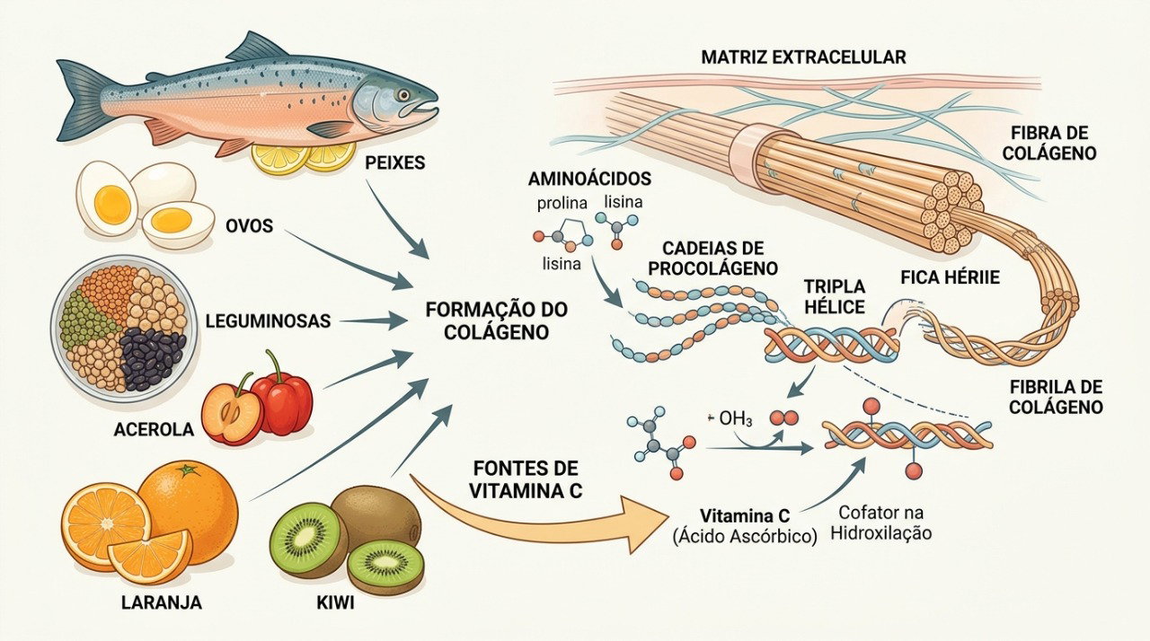 Proteínas, aminoácidos e vitamina C participam da formação de colágeno no organismo.