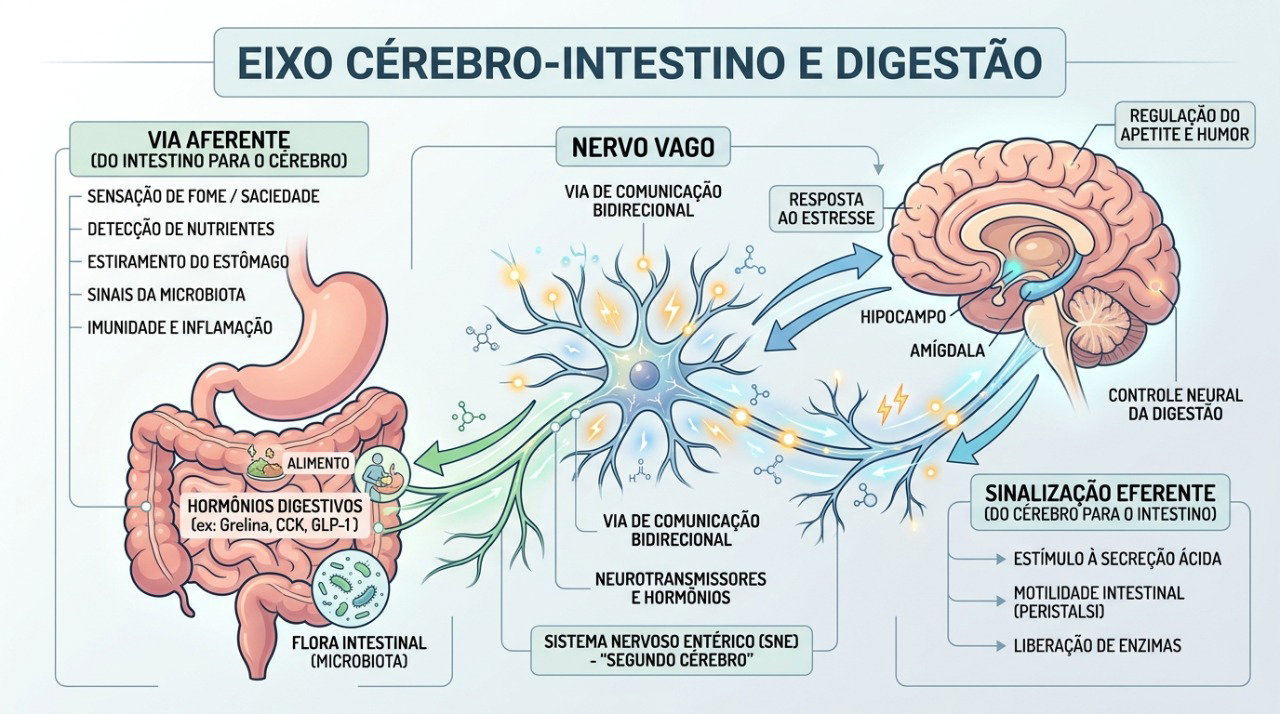 O eixo intestino-cérebro ajuda a explicar como estresse e digestão podem influenciar um ao outro.