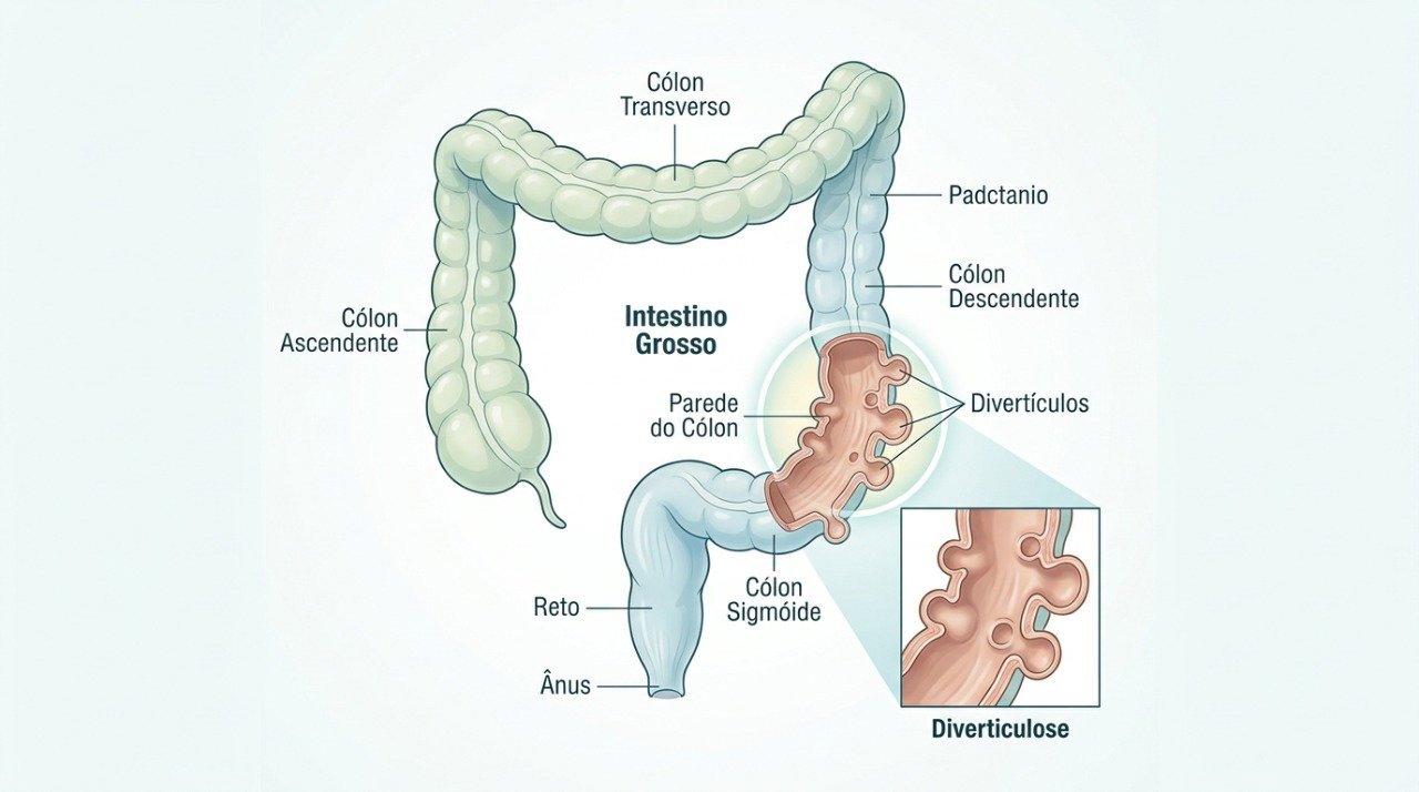 Divertículos no cólon podem estar associados a dor abdominal e alterações do hábito intestinal.
