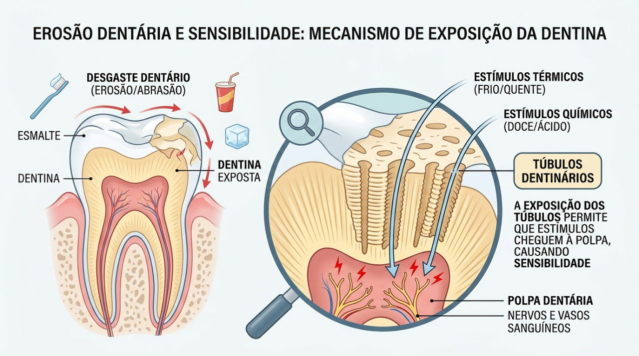 A exposição da dentina pode facilitar a transmissão de estímulos frios e quentes até regiões próximas ao nervo.