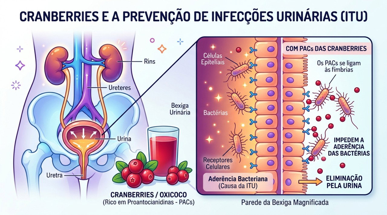 Compostos do cranberry podem dificultar a adesão de algumas bactérias ao trato urinário.