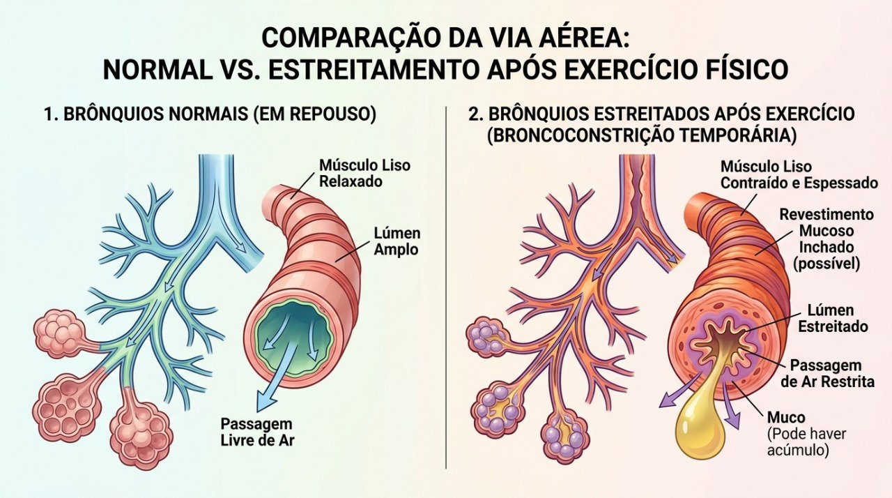 Na broncoconstrição induzida pelo exercício, os brônquios podem se estreitar durante ou após o esforço.