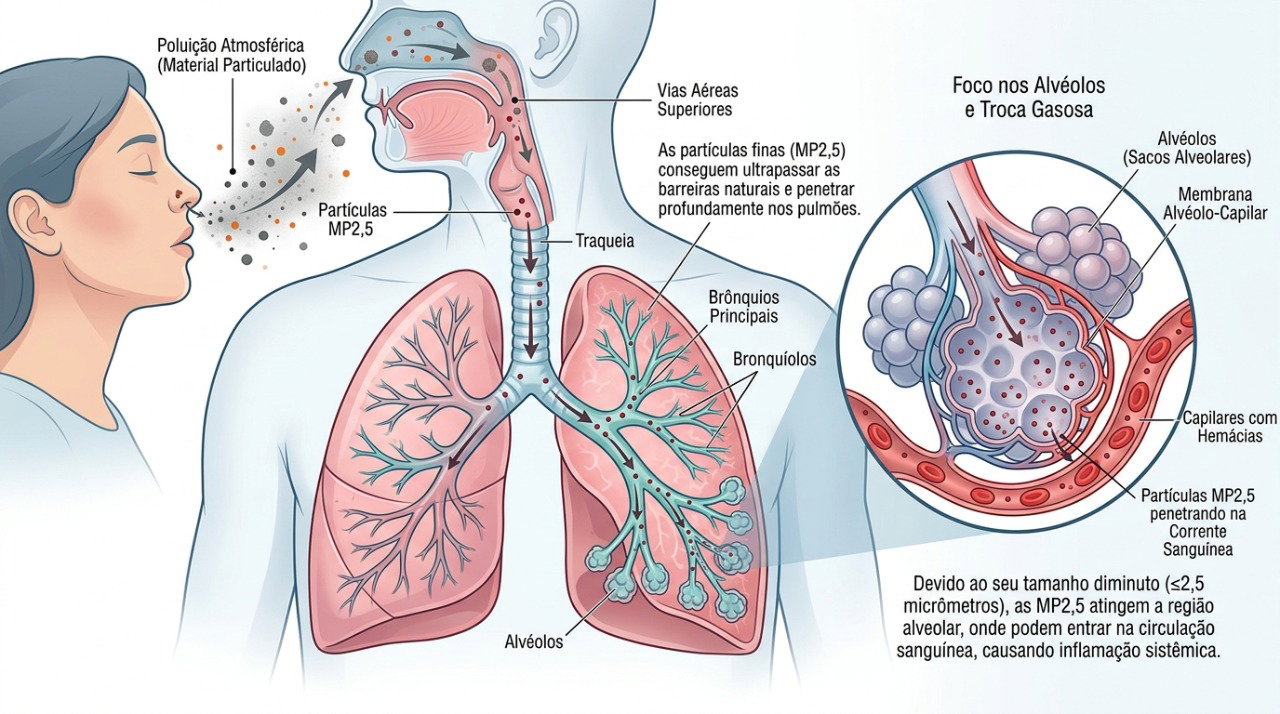 Partículas finas como PM2,5 podem alcançar regiões profundas dos pulmões e aumentar a irritação respiratória.