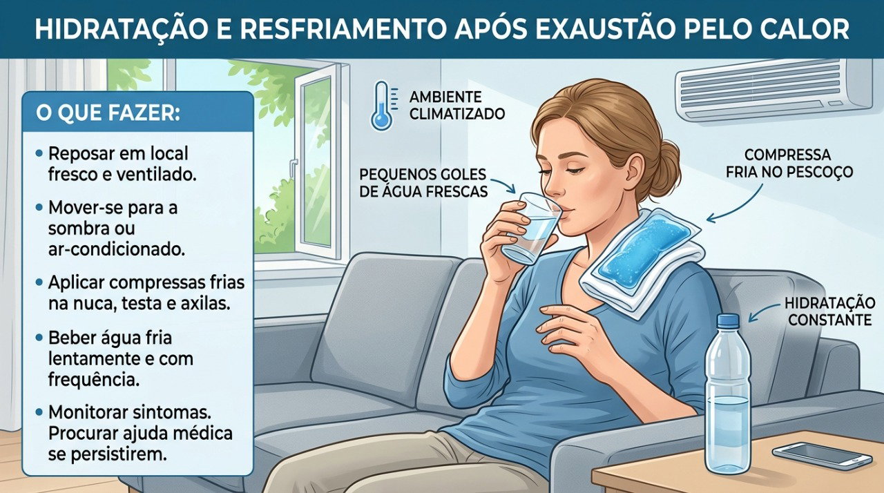 Hidratação, repouso e resfriamento ajudam a aliviar sintomas leves de exaustão pelo calor.