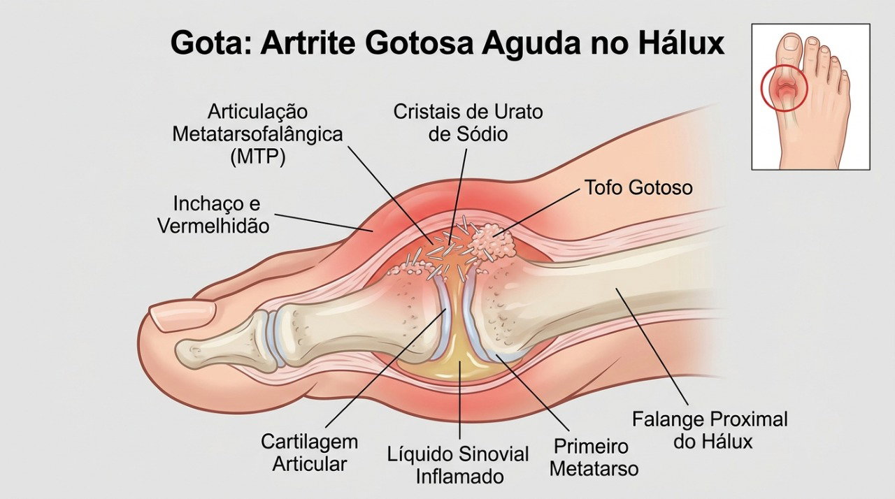 Cristais de urato podem se acumular na articulação do dedão e desencadear inflamação e dor intensa.