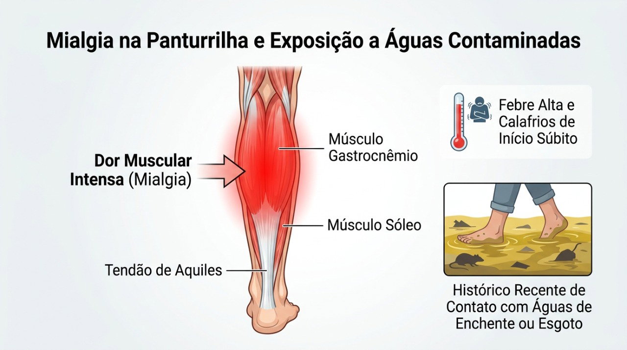 Dor marcante nas panturrilhas é um sinal que merece atenção quando surge com febre após contato com enchente.