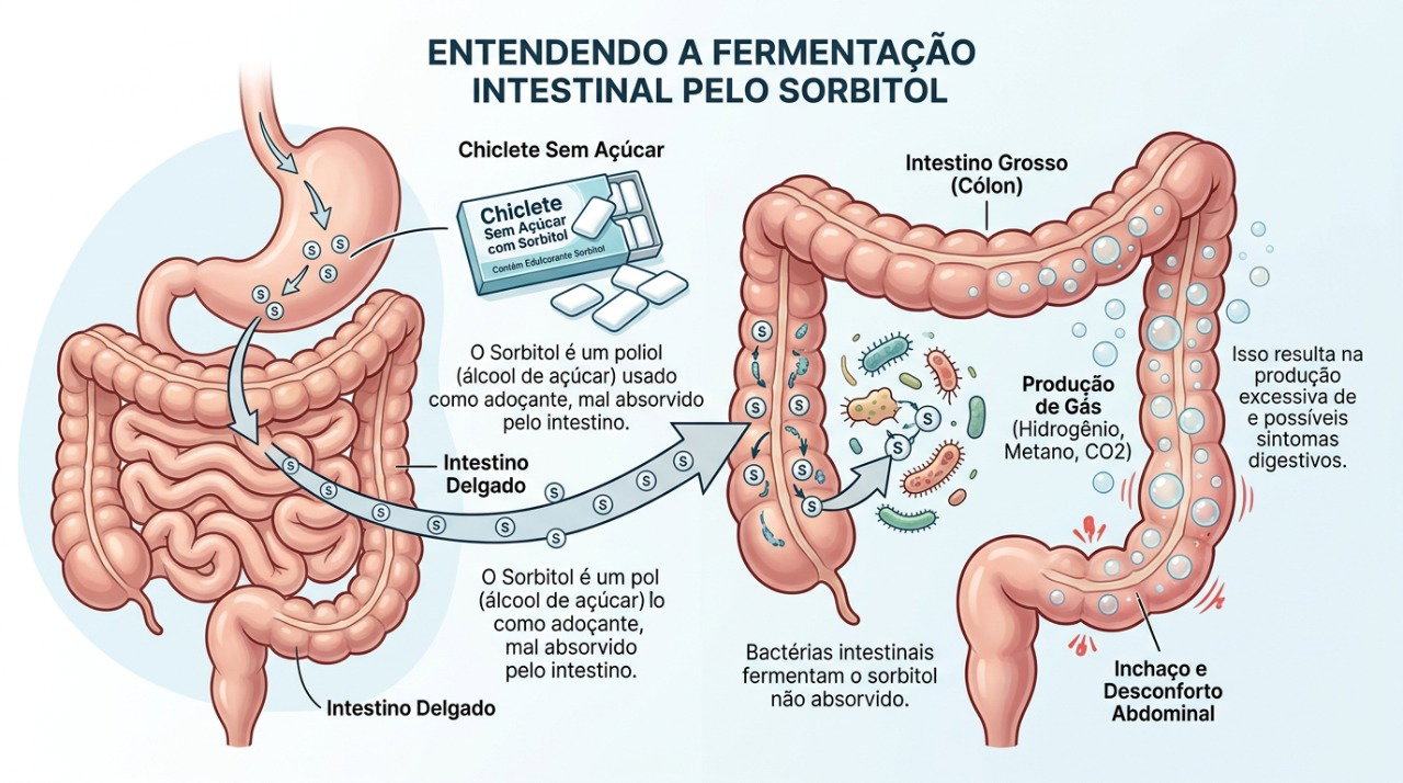 O sorbitol pode chegar ao intestino grosso e favorecer fermentação, gases e distensão abdominal.